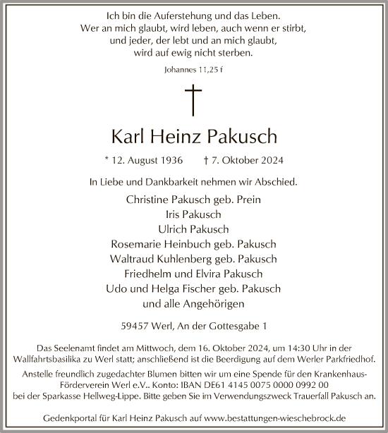 Todesanzeige von Karl Heinz Pakusch von WA