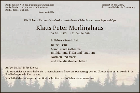 Todesanzeige von Klaus Peter Morlinghaus von WA