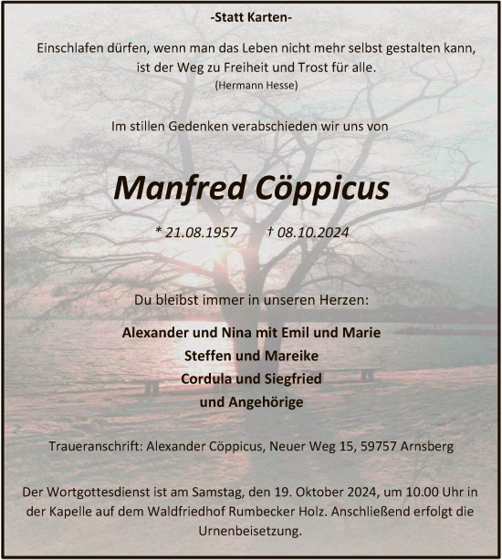 Todesanzeige von Manfred Cöppicus von WA