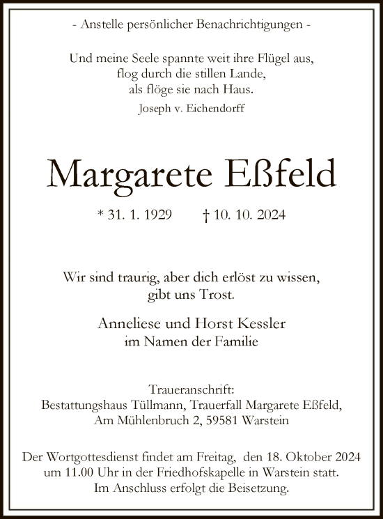 Todesanzeige von Margarete Eßfeld von WA