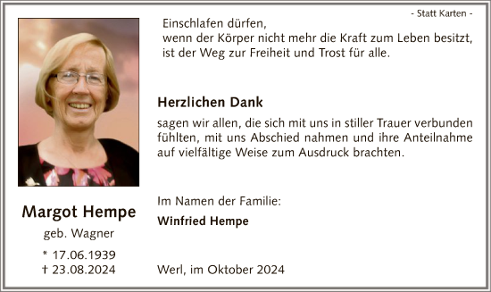 Todesanzeige von Margot Hempe von WA