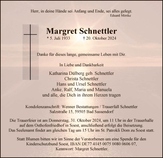 Todesanzeige von Margret Schnettler von WA