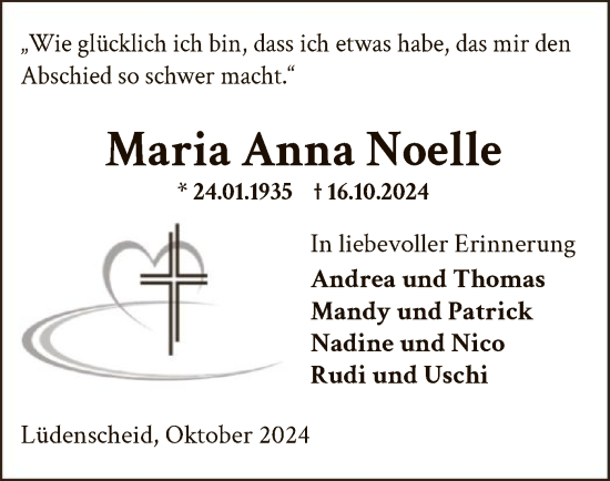 Todesanzeige von Maria Anna Noelle von WA