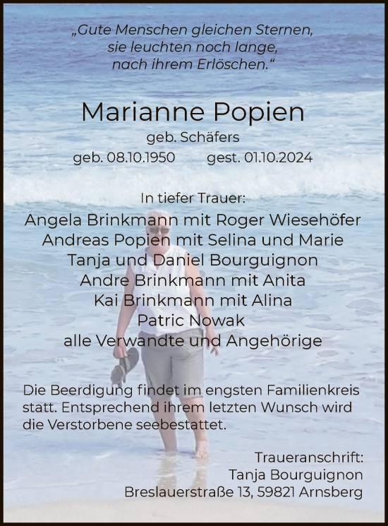 Todesanzeige von Marianne Popien von WA