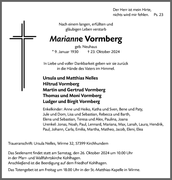 Todesanzeige von Marianne Vormberg von WA