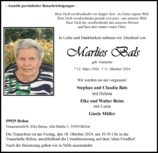 Todesanzeige von Marlies Bals von WA