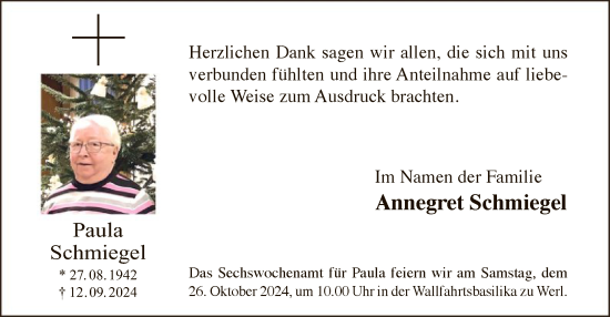 Todesanzeige von Paula Schmiegel von WA