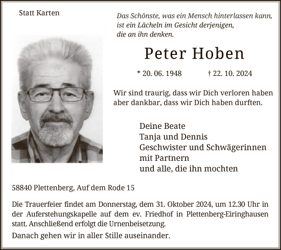 Todesanzeige von Peter Hoben von WA