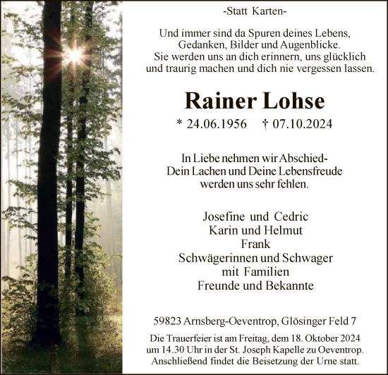 Todesanzeige von Rainer Lohse von WA