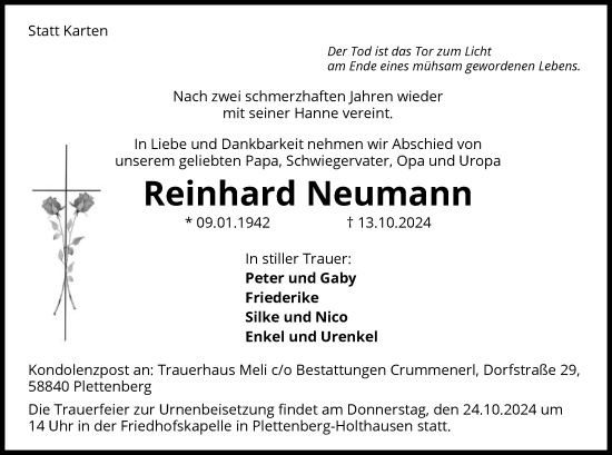 Todesanzeige von Reinhard Neumann von WA