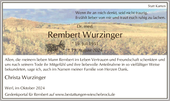 Todesanzeige von Rembert Wurzinger von WA