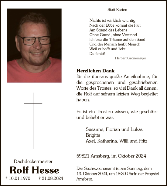 Todesanzeige von Rolf Hesse von WA