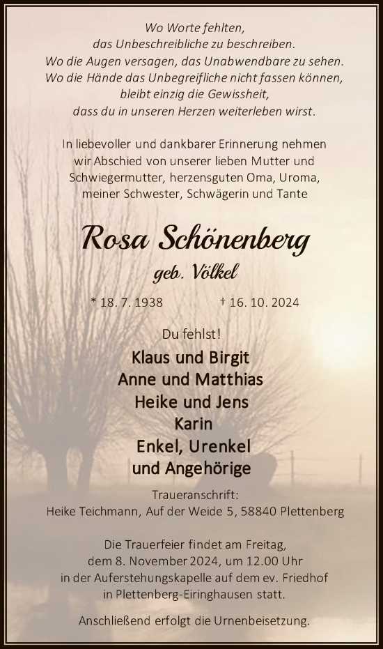 Todesanzeige von Rosa Schönenberg von WA