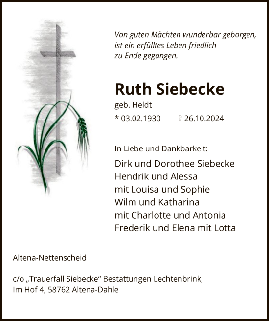 Todesanzeige von Ruth Siebecke von WA