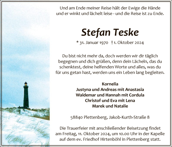 Todesanzeige von Stefan Teske von WA