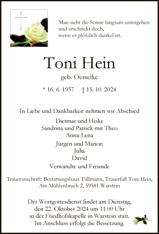 Todesanzeige von Toni Hein von WA