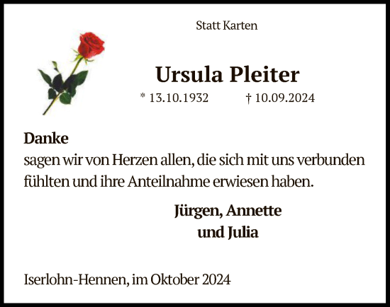 Todesanzeige von Ursula  Pleiter von WA