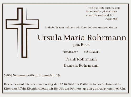 Todesanzeige von Ursula Maria Rohrmann von WA