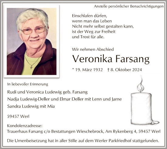 Todesanzeige von Veronika Farsang von WA