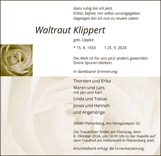 Todesanzeige von Waltraut Klippert von WA