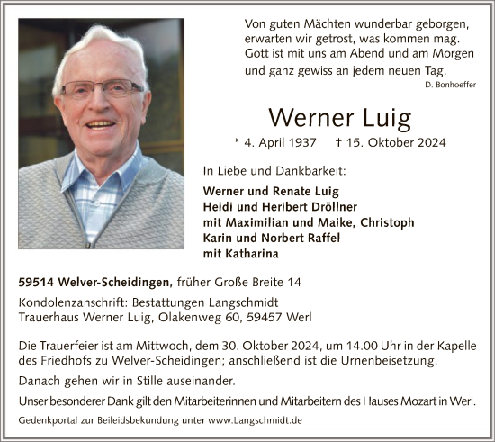 Todesanzeige von Werner Luig von WA