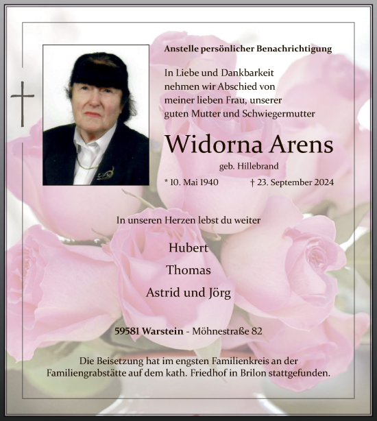 Todesanzeige von Widorna Arens von WA