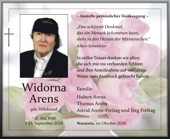 Todesanzeige von Widorna Arens von WA