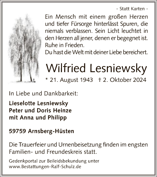 Todesanzeige von Wilfried Lesniewsky von WA