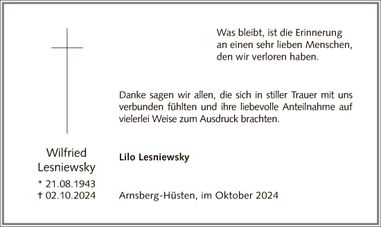 Todesanzeige von Wilfried Lesniewsky von WA