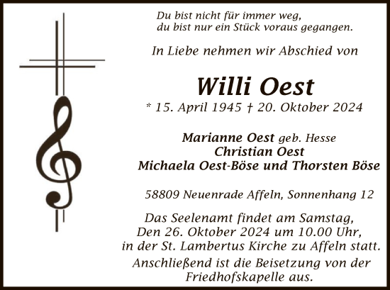 Todesanzeige von Willi Oest von WA