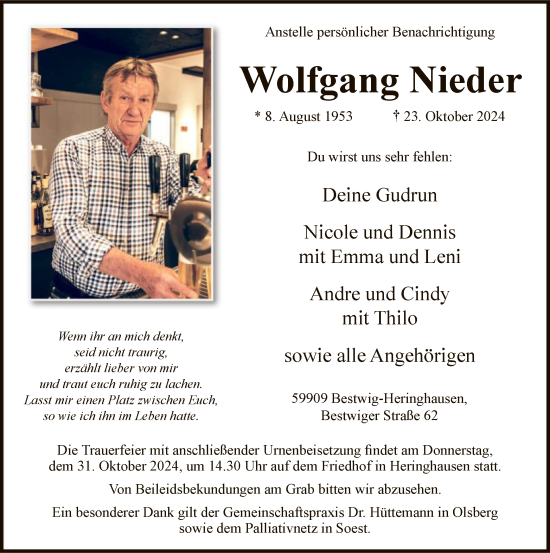 Todesanzeige von Wolfgang Nieder von WA