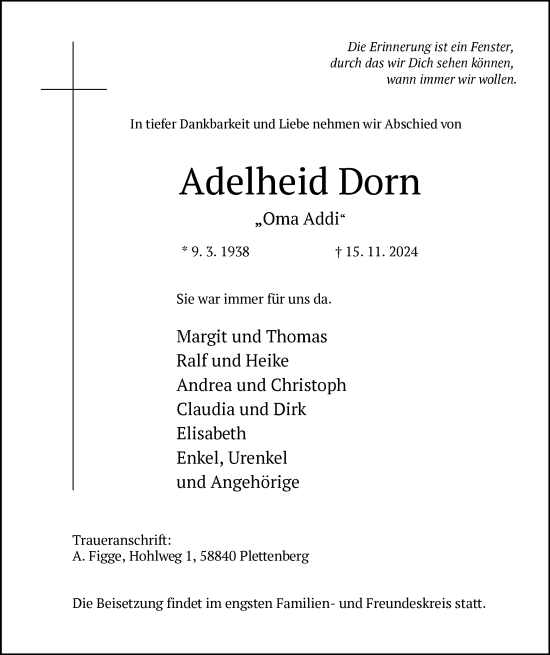 Todesanzeige von Adelheid Dorn von WA