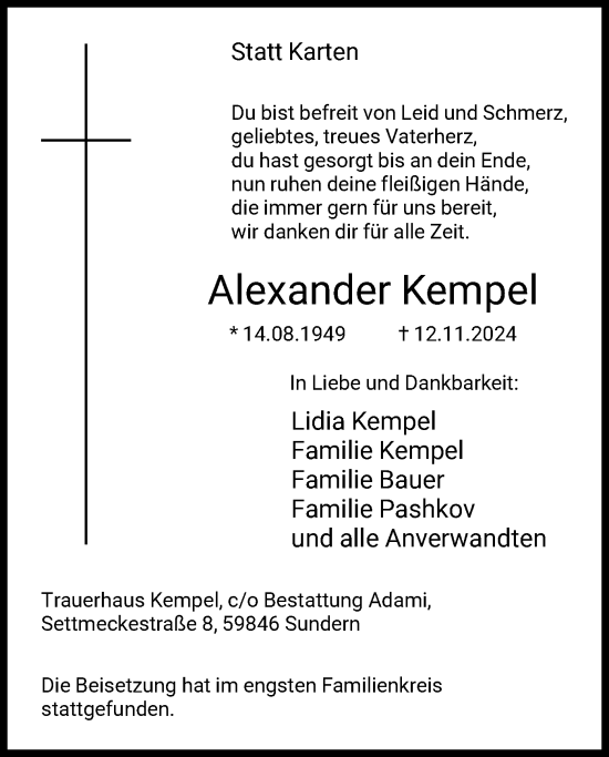 Todesanzeige von Alexander Kempel von WA