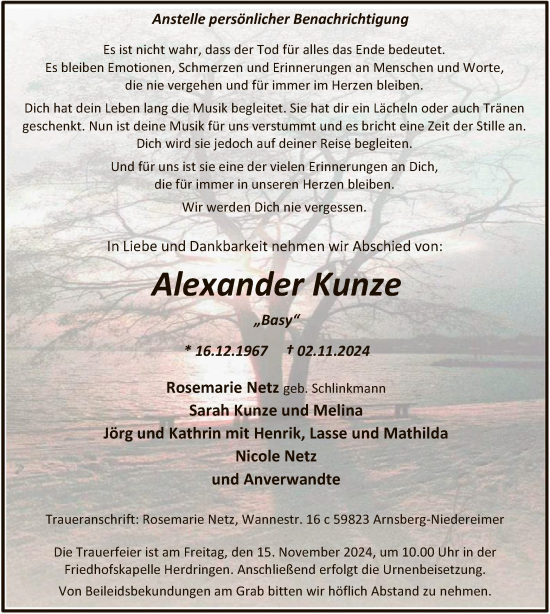 Todesanzeige von Alexander Kunze von WA