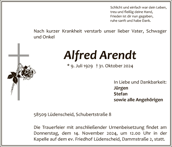 Todesanzeige von Alfred Arendt von WA