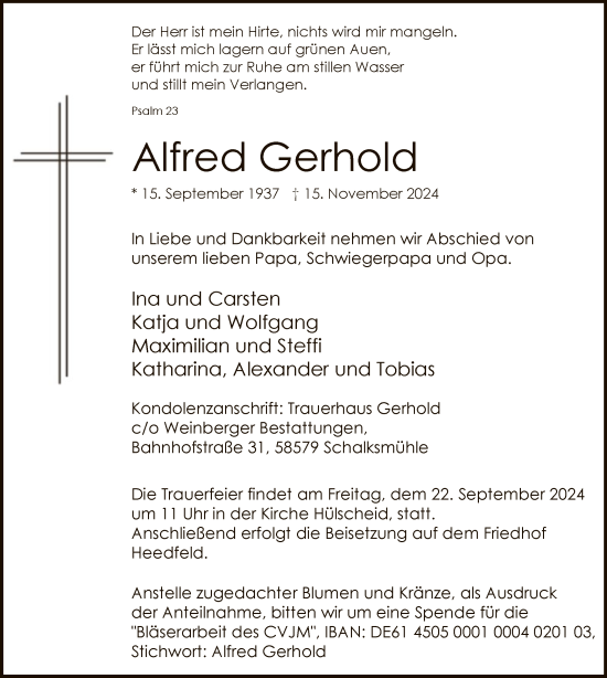 Todesanzeige von Alfred Gerhold von WA