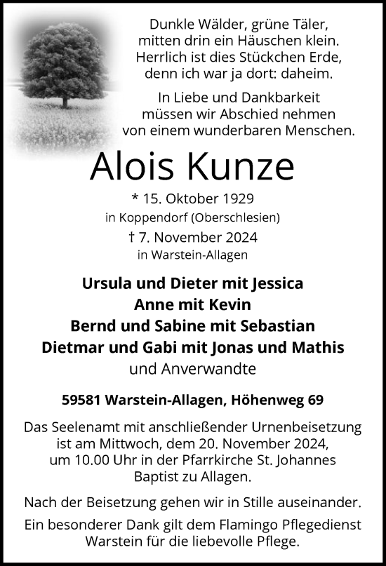 Todesanzeige von Alois Kunze von WA