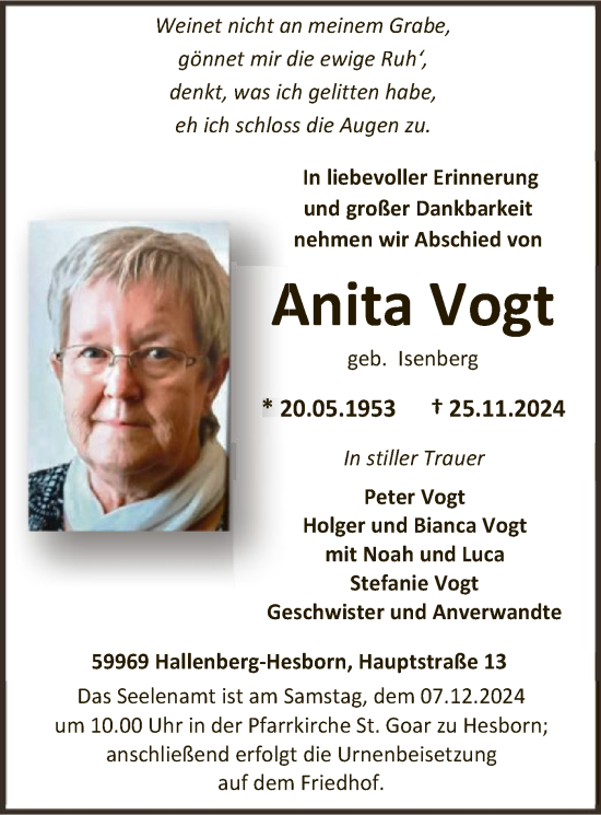 Todesanzeige von Anita Vogt von WA