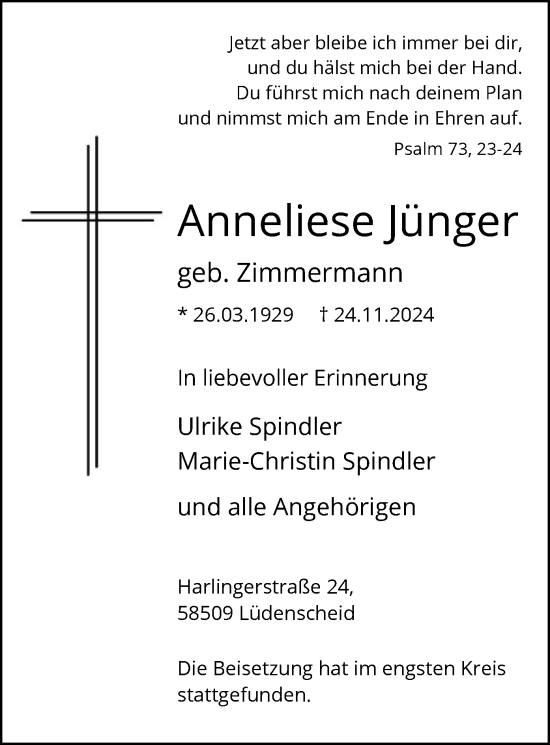 Todesanzeige von Anneliese Jünger von WA