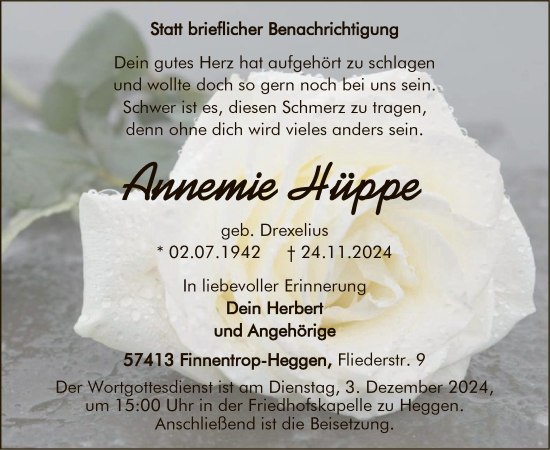 Todesanzeige von Annemie Hüppe von WA