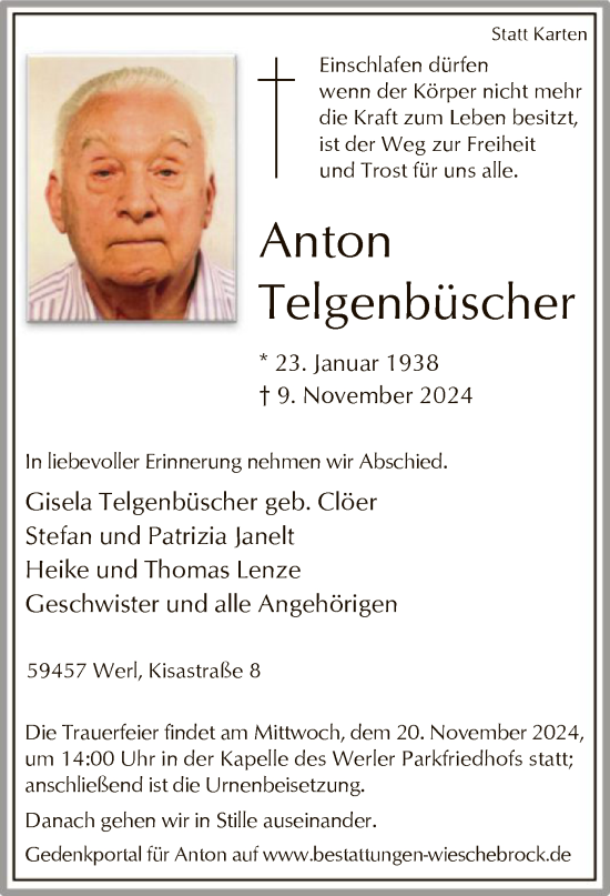 Todesanzeige von Anton Telgenbüscher von WA