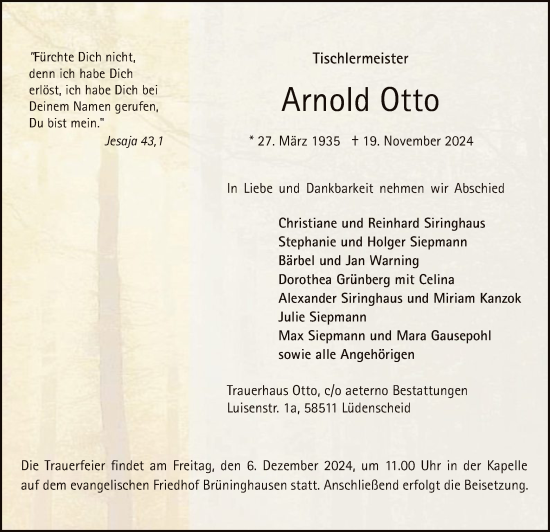 Todesanzeige von Arnold Otto von WA