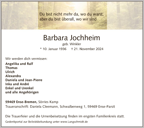 Todesanzeige von Barbara Jochheim von WA