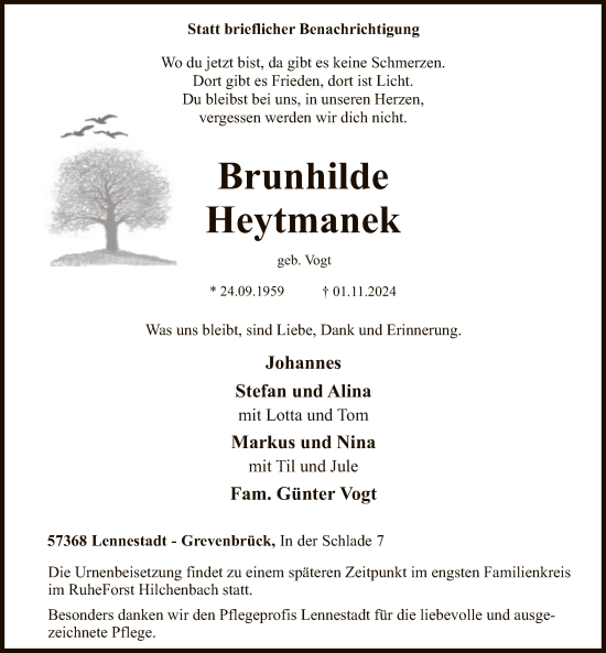 Todesanzeige von Brunhilde Heytmanek von WA