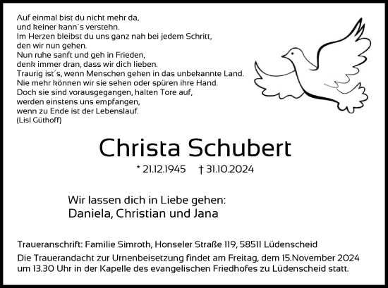 Todesanzeige von Christa Schubert von WA