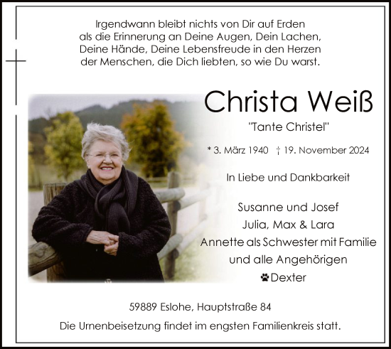 Todesanzeige von Christa Weiß von WA