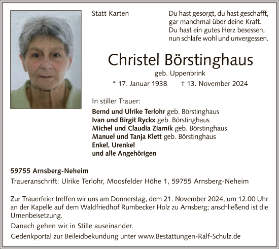 Todesanzeige von Christel Börstinghaus von WA