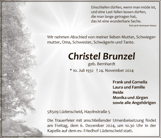 Todesanzeige von Christel Brunzel von WA