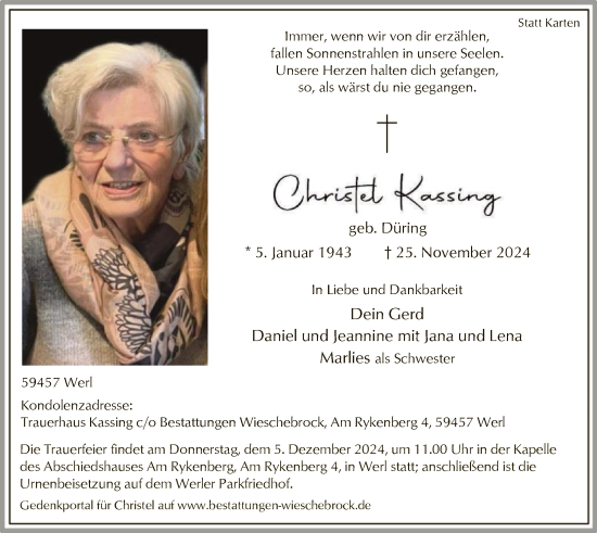 Todesanzeige von Christel Kassing von WA