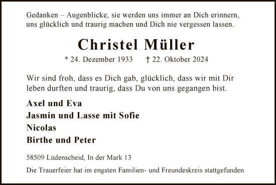 Todesanzeige von Christel Müller von WA